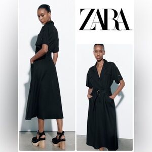 Zara black linen blend midi dress NWT size M 3351/375